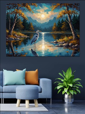 Tablomega Gün Batımında Göl ve Balıkçıl Dekoratif Kanvas - Mdf Ahşap Tablo