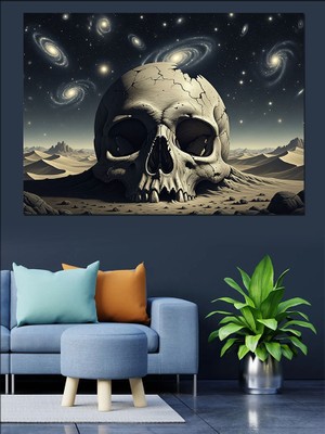 Tablomega Uzay Boşluğunda Kafatası ve Gezegenler Dekoratif Kanvas - Mdf Ahşap Tablo