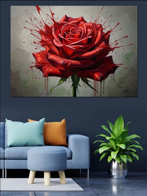Tablomega Kırmızı Gül ve Su Damlaları Dekoratif Kanvas - Mdf Ahşap Tablo