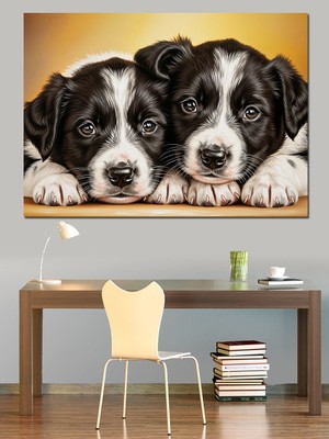 Tablomega Yan Yana Duran Iki Köpek Dekoratif Kanvas - Mdf Ahşap Tablo