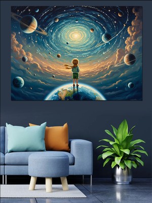 Tablomega Uzay Boşluğunda Duran Küçük Çocuk Dekoratif Kanvas - Mdf Ahşap Tablo