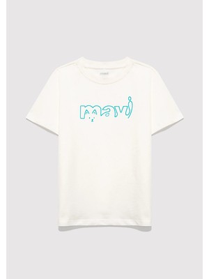 Mavi Mavi Logo Kedi Baskılı Ekru Tişört 7610338-70057