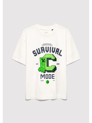 Mavi Minecraft Baskılı Ekru Tişört 6610433-70057