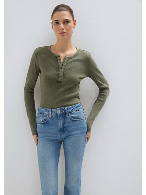 Mavi Yarı Düğmeli Uzun Kollu Haki Tişört 1613750-80769