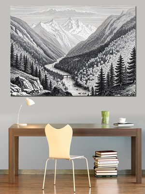 Tablomega Siyah Beyaz Eskiz Dağ Manzarası Dekoratif Kanvas - Mdf Ahşap Tablo