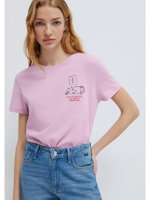 Mavi Kedi Baskılı Pembe Tişört 1613722-71039