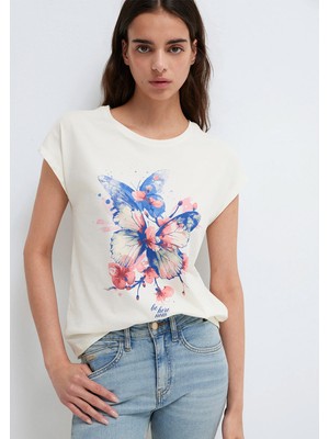 Mavi Kelebek Baskılı Ekru Tişört 1613718-80194