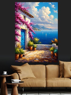 Tablomega Pembe Çiçekli Akdeniz Evi Balkonu Dekoratif Kanvas - Mdf Ahşap Tablo