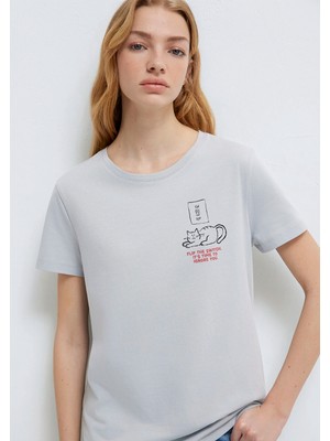 Mavi Kedi Baskılı Gri Tişört 1613722-70075