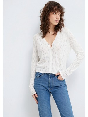 Mavi Örgü Detaylı Ekru Hırka 1710845-70057