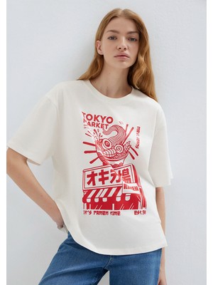 Mavi Tokyo Baskılı Ekru Tişört 1614004-25705