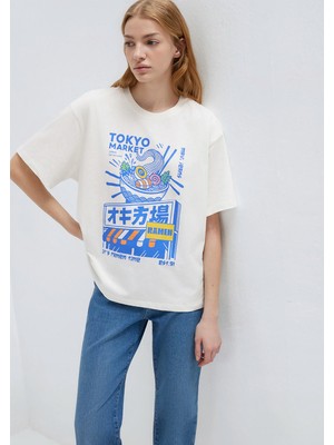 Mavi Tokyo Baskılı Ekru Tişört 1614004-70057