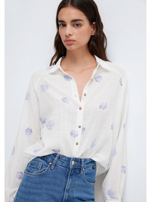 Mavi Deniz Kabuğu Baskılı Ekru Gömlek 122514-91497