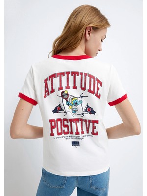 Mavi Şirinler Baskılı Ekru Tişört 1614041-70057