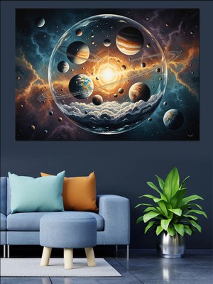 Tablomega Uzayda Renkli Galaksi ve Gezegenler Dekoratif Kanvas - Mdf Ahşap Tablo