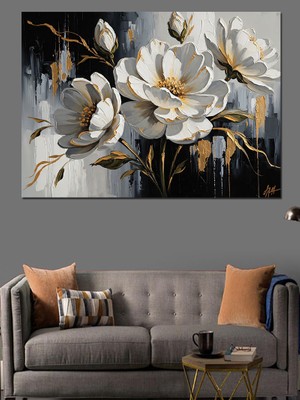 Tablomega Gümüş Vazoda Beyaz Bahar Çiçekleri  Dekoratif Kanvas - Mdf Ahşap Tablo