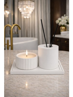 Lethe Studio Design Dekoratif Lüx Beton Dekoratif Seti Difüzör Kabı, Soya Mum, Tepsi (Koku ve Çubuklar Hariç) Banyo, Salon, Yatak Odası Aksesuar
