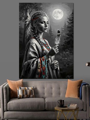 Tablomega Ay Işığında Elinde Kuş Tutan Kadın Dekoratif Kanvas - Mdf Ahşap Tablo