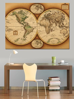 Tablomega Eskitme Kağıt Üzerinde Dünya Haritası Dekoratif Kanvas - Mdf Ahşap Tablo