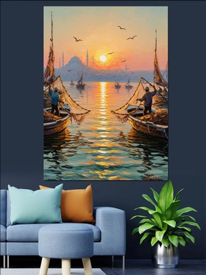 Tablomega Gün Batımında Deniz ve Tekneler Dekoratif Kanvas - Mdf Ahşap Tablo