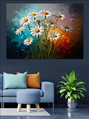 Tablomega Çayırda Açan Beyaz Papatyalar Buketi Dekoratif Kanvas - Mdf Ahşap Tablo