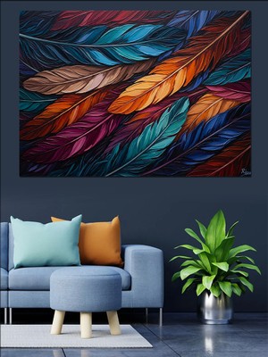 Tablomega Renkli Kuş Tüyleri Modern Sanat Dekoratif Kanvas - Mdf Ahşap Tablo