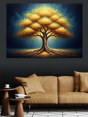 Tablomega Işıltılı Altın Yapraklı Büyük Ağaç Dekoratif Kanvas - Mdf Ahşap Tablo