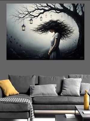 Tablomega Ağaç Dalında Düşünen Hüzünlü Kadın Dekoratif Kanvas - Mdf Ahşap Tablo