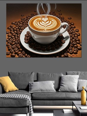 Tablomega Kahve Çekirdekleri ve Sütlü Kahve Dekoratif Kanvas - Mdf Ahşap Tablo