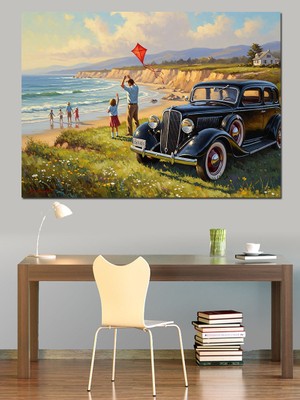 Tablomega Klasik Araba ve Deniz Kenarı Dekoratif Kanvas - Mdf Ahşap Tablo