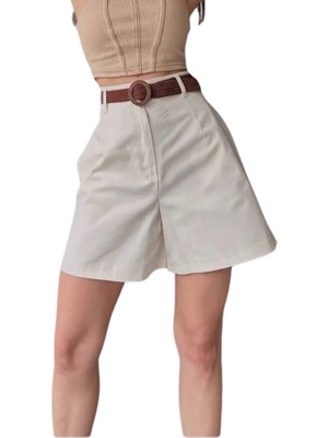 Paxteks Rahat Kesim Kemerli Mom Şort -Krem