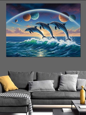 Tablomega Okyanusta Sıçrayan Üç Mavi Yunus Dekoratif Kanvas - Mdf Ahşap Tablo