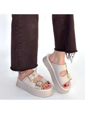 SEPET365 Coer Bej Süet Çift Tokalı Terlik