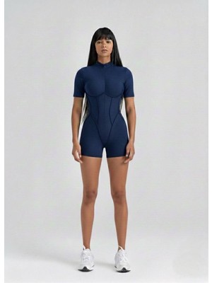 Lismina Lacivert Sculpt Line Kısa Kollu Spor Tayt Şort Tulum