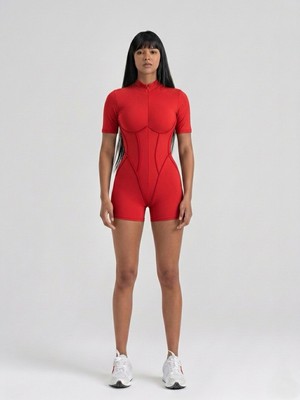 Lismina Kırmızı Sculpt Line Kısa Kollu Spor Tayt Şort Tulum