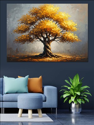 Tablomega Sonbaharda Büyük Altın Hayat Ağacı Dekoratif Kanvas - Mdf Ahşap Tablo