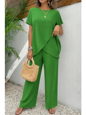 Marsilyan- Kadın Kısa Kollu Bisiklet Yaka Asimetrik Kesim Detaylı Bürümcük Bluz ve Pantolon Ikili Takım