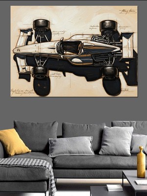 Tablomega Teknik Çizimli Beyaz Yarış Arabası Dekoratif Kanvas - Mdf Ahşap Tablo