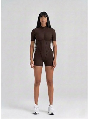 Lismina Kahverengi Sculpt Line Kısa Kollu Spor Tayt Şort Tulum
