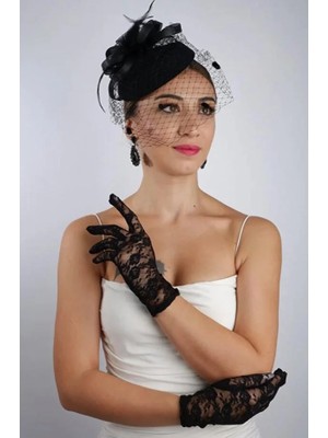 Hayalperest Boncuk Siyah Kısa Dantelli Gelin Eldiveni Düğün Nikah Aksesuarı Fascinator Şapka Seti