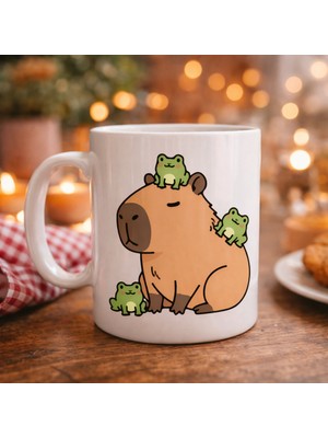 Negok Sevimli Kapibara ve Kurbağa Desenli Porselen Kupa Model 98 – Eğlenceli Tasarım, Kahve &amp; Çay Kupası, Hediye Fikri