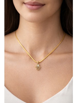 Lims Store Zirkon Taşlı Hamsa Fatma Eli Gold Çelik Kolye Model 2 – Kararmaz, Alerji Yapmaz Zarif Kadın Kolyesi