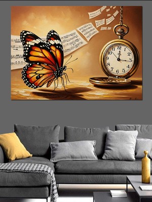 Tablomega Kelebek ve Antika Cep Saati Dekoratif Kanvas - Mdf Ahşap Tablo