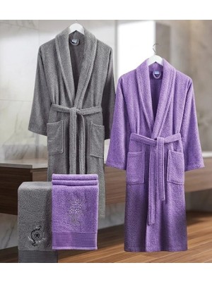 Biçomi Bicomi Premium %100 Pamuklu 4 Parça Aile Bornoz Seti – Gri & Lavanta Banyo Keyfi Takımı