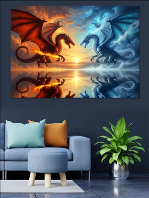 Tablomega Karşı Karşıya Gelen Ejderhalar Tasviri Dekoratif Kanvas - Mdf Ahşap Tablo