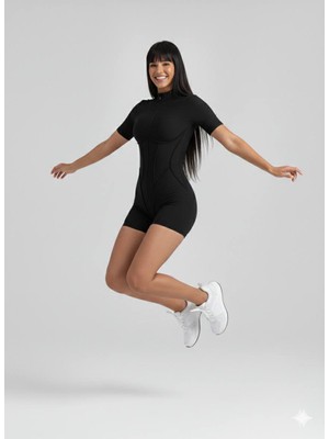 Lismina Siyah Sculpt Line Kısa Kollu Spor Tayt Şort Tulum