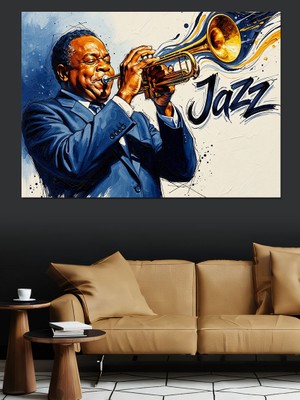 Tablomega Trompet Çalan Caz Müzisyeni Portresi Dekoratif Kanvas - Mdf Ahşap Tablo