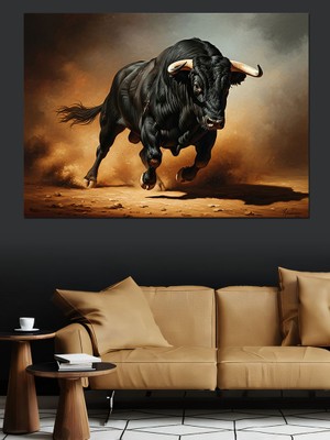 Tablomega Saldıran Güçlü Siyah Boğa Figürü Dekoratif Kanvas - Mdf Ahşap Tablo