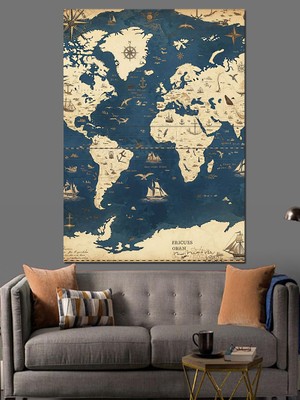 Artmeg Eskitme Tarzı Dünya Haritası Tablosu Dekoratif Kanvas - Mdf Ahşap Tablo