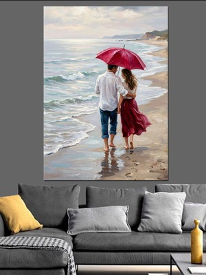 Artmeg Kumsalda Şemsiye Altında Yürüyen Çift Dekoratif Kanvas - Mdf Ahşap Tablo